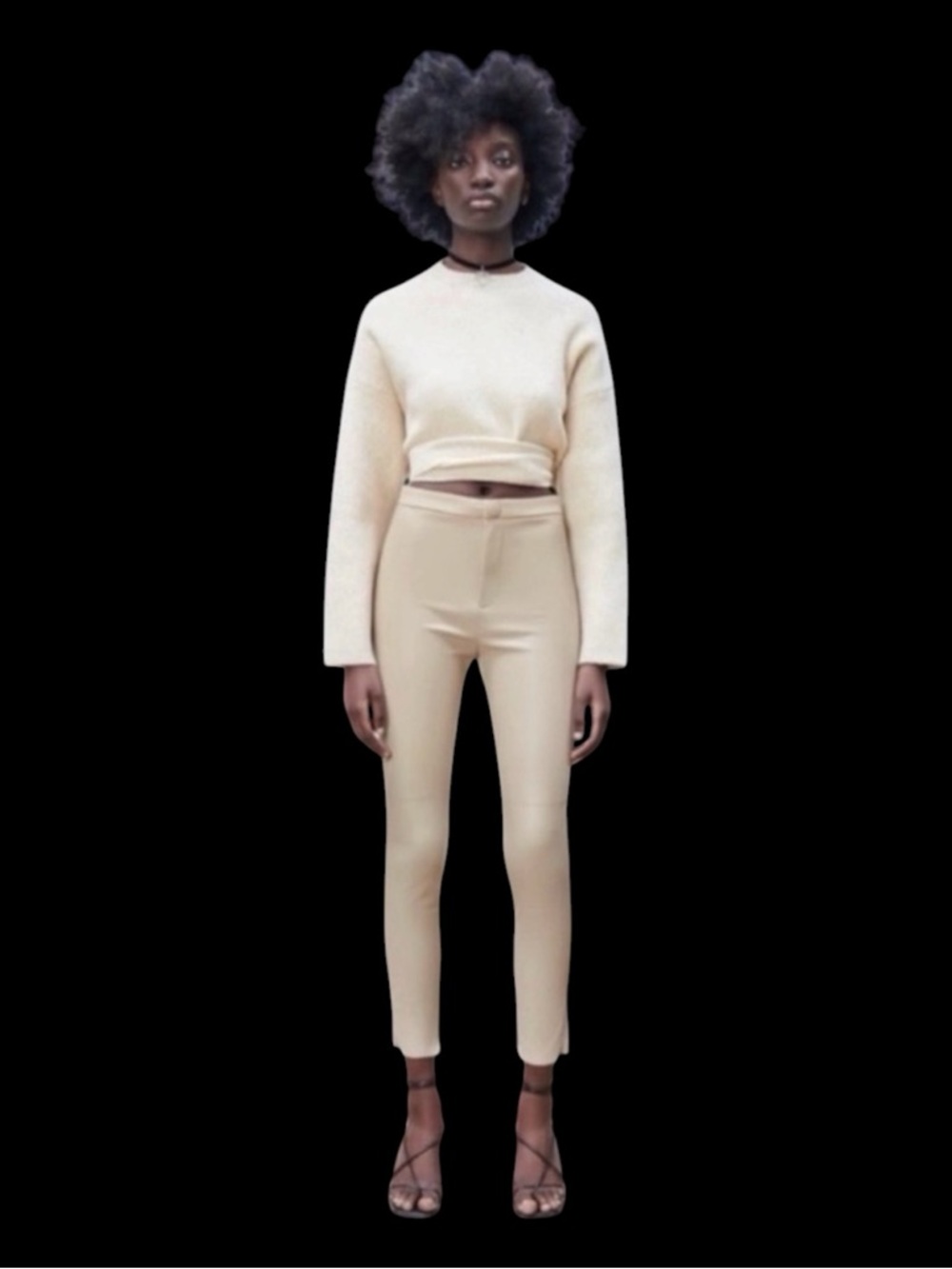 ZARA Vegan Leather Leggings in Ecru Color, Front Zip & Snap, Ankle Zips, Size S.